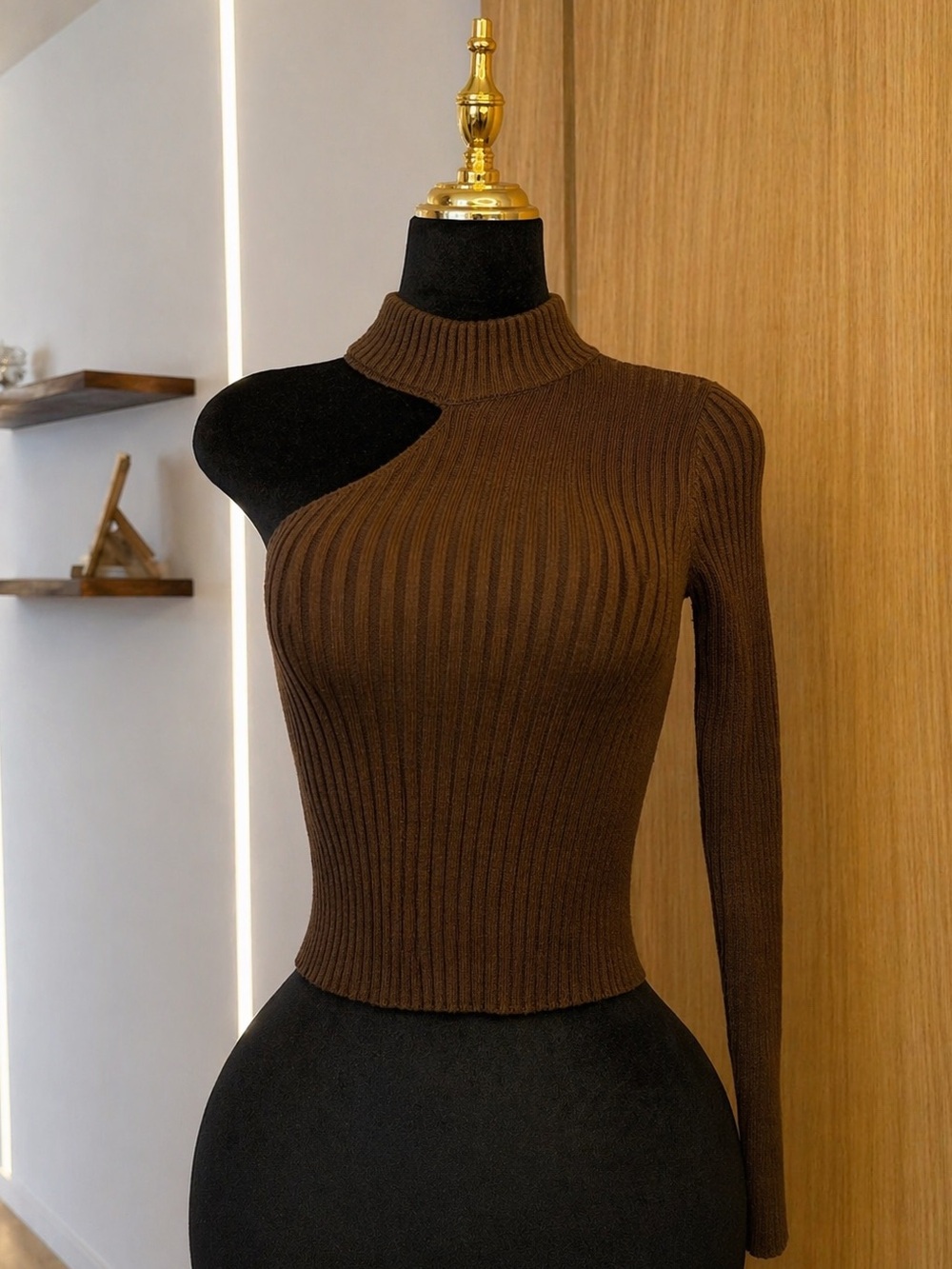 Bershka One Shoulder Ribbed Knit Top — Brown | Asymmetric Muse